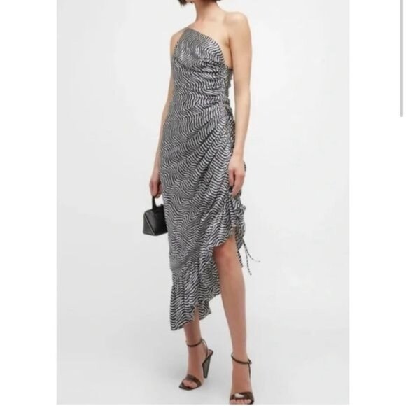 New CINQ À SEPT Christel One-shoulder Asymmetric Silk Midi Dress In Ivory/ Navy - Picture 12 of 15